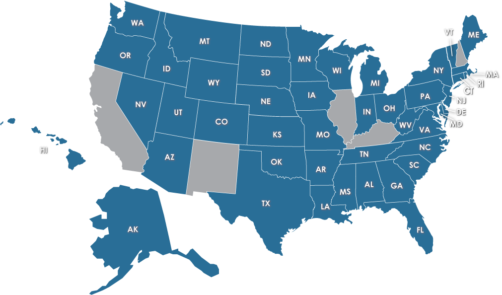 MAP_USPh-Clinics-Mulit-Map_2026-07_Blue USPh State Coverage Map. US Physical Therapy